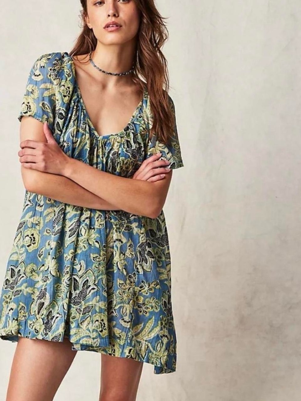 Free People Blue and Green Floral Tie-Strap Mini Dress